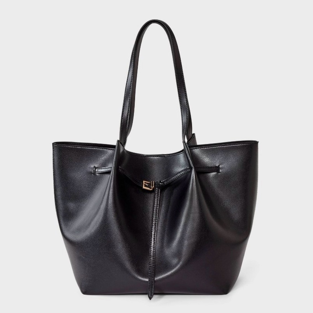 NWOT a new day Black Leather Tote with Drawstring Detail